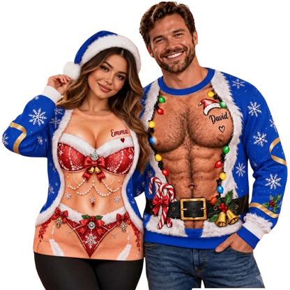 Custom Funny Santa Belly Couple Matching 3D Sweatshirt, Personalized Funny Christmas Matching His And Her Sweater 2D1168