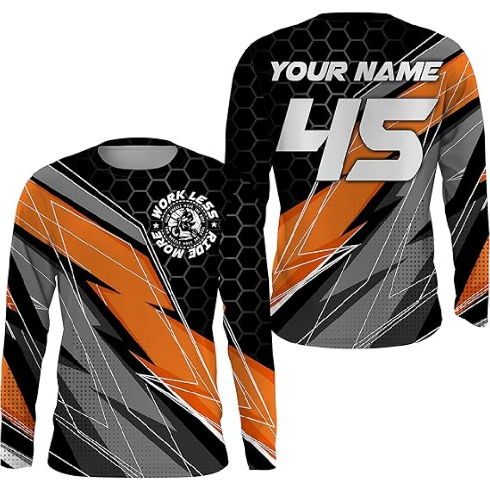Work Less Ride More Custom Mens Motocross Jersey Orange, Personalised MX Jersey MZ0031