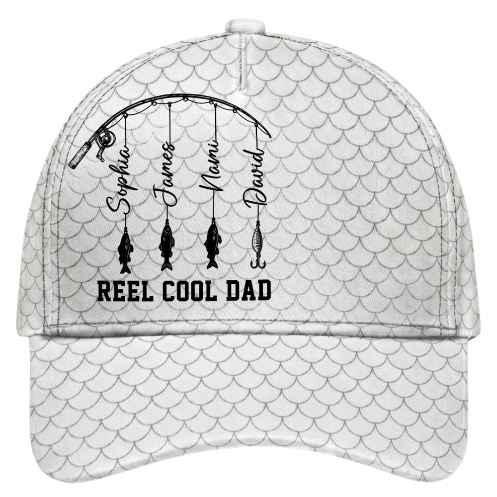 Reel Cool Dad Custom Kids Names Baseball Cap 3D Printed, Custom Fishing Lover Cap For Dad CP0537