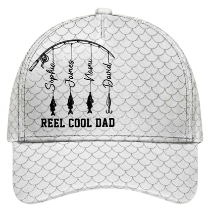 Reel Cool Dad Custom Kids Names Baseball Cap 3D Printed, Custom Fishing Lover Cap For Dad CP0537