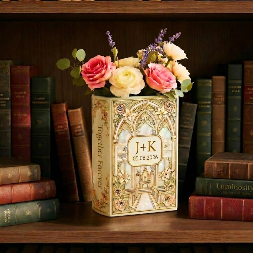 Custom Couple Initials Stained Glass Wedding Ceramic Book Vase, Custom Wedding Book Vase WD0651