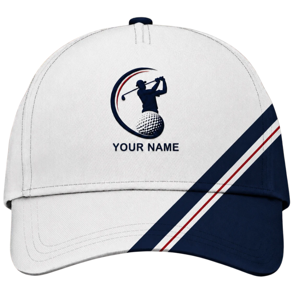 Custom Golf White Red Blue Striped Baseball Cap, Custom Name Golfer Cap Hat CP0709