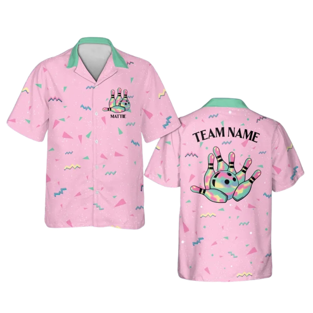 Custom Geometric Retro 80s Pink Bowling Hawaiian Shirt For Men Women, Custom Bowling Team Shirts BE0150