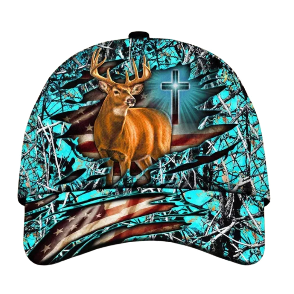 Custom American Cross And Deer White Hunting Cap, Custom Christian Patriotic Deer Hunting Cap CP0342