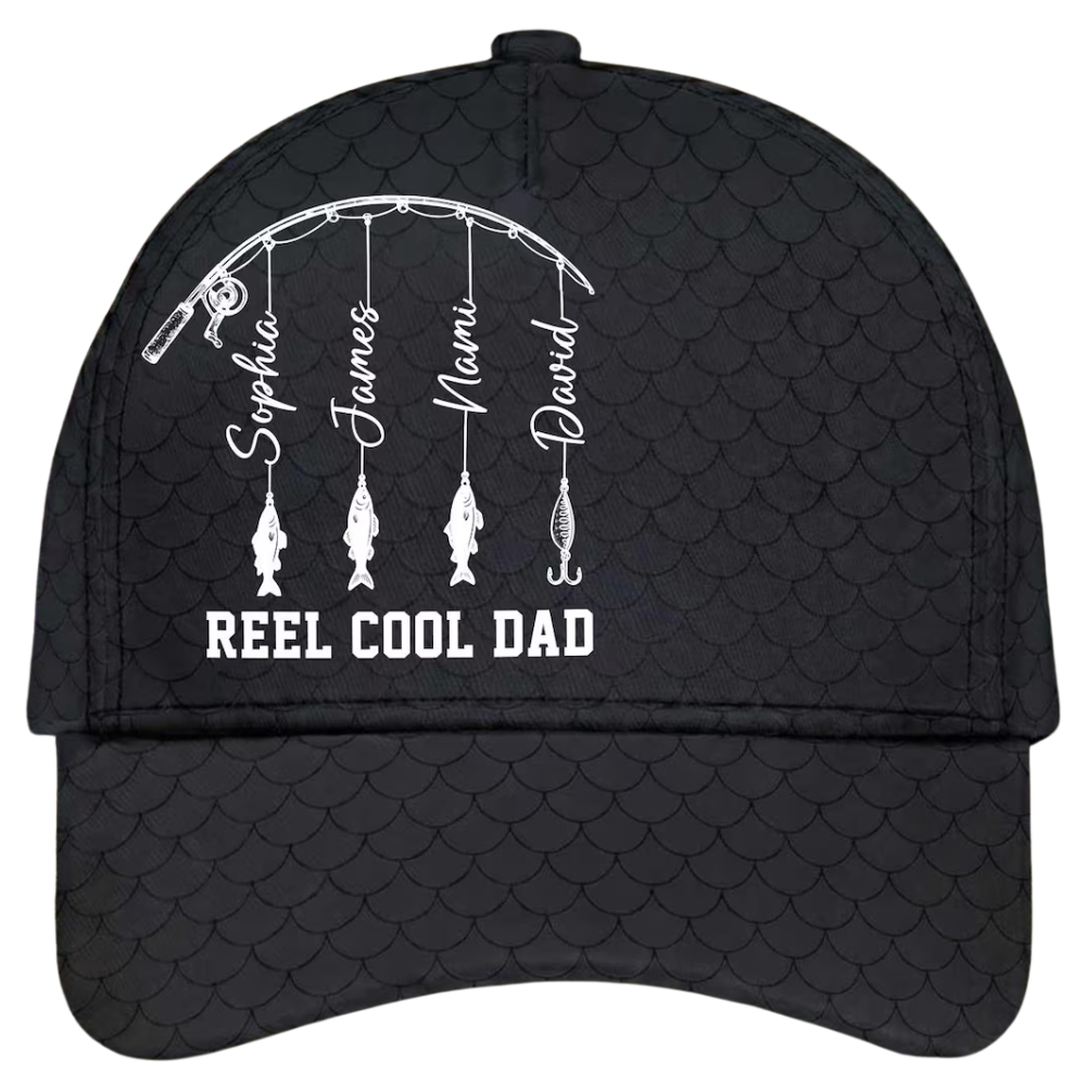 Reel Cool Dad Custom Kids Names Baseball Cap 3D Printed, Custom Fishing Lover Cap For Dad CP0537