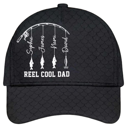 Reel Cool Dad Custom Kids Names Baseball Cap 3D Printed, Custom Fishing Lover Cap For Dad CP0537