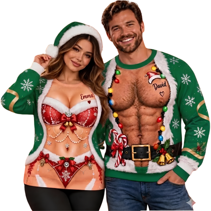 Custom Funny Santa Belly Couple Matching 3D Sweatshirt, Personalized Funny Christmas Matching His And Her Sweater 2D1168
