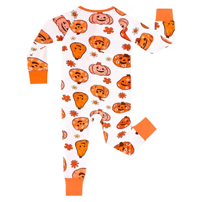 Pumpkin Floral Halloween Baby Romper Convertible Zipper, Halloween Convertible Romper For Baby BB0443