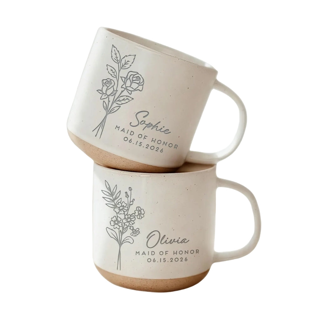 Maid Of Honor Custom Birth Month Flower Pottery Mug, Custom Wedding Mug For Bridesmaid WD0344