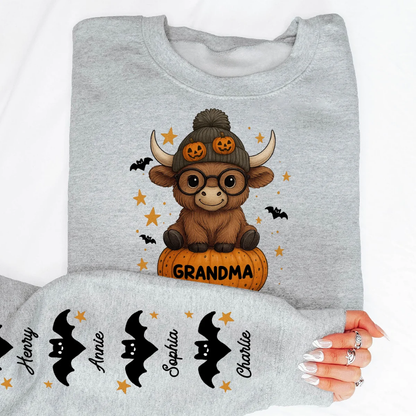 Custom Highland Cow Grandma Pumpkin Sweatshirt For Halloween, Custom Halloween Sweatshirt For Grandmother 2D1022