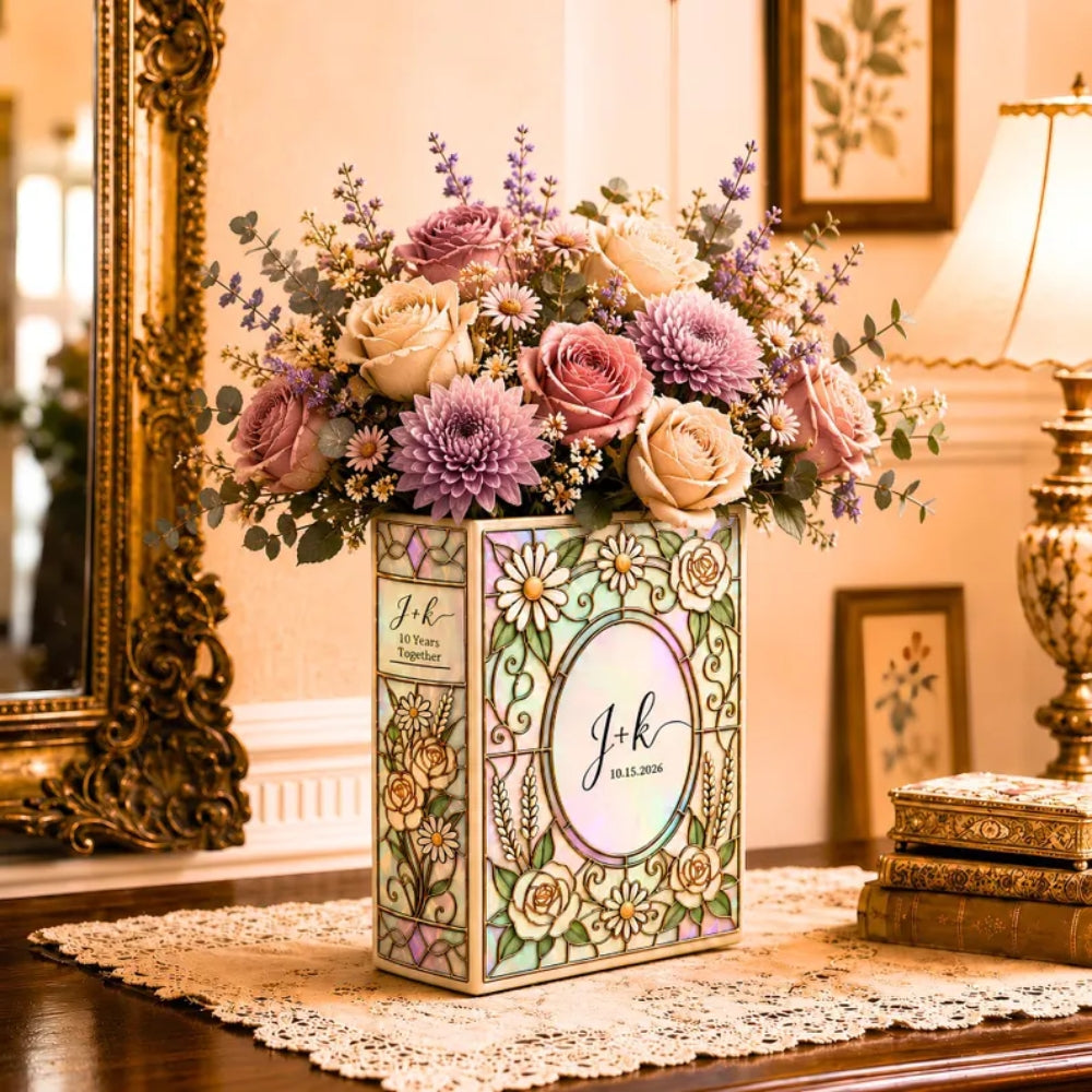 Custom Wedding Stained Glass Daisies Ceramic Book Vase, Custom Couple Initials Wedding Book Vase WD0652