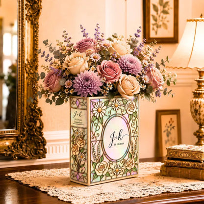 Custom Wedding Stained Glass Daisies Ceramic Book Vase, Custom Couple Initials Wedding Book Vase WD0652
