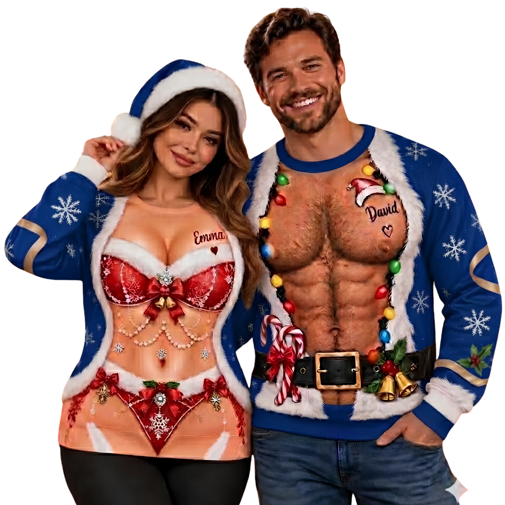 Custom Funny Santa Belly Couple Matching 3D Sweatshirt, Personalized Funny Christmas Matching His And Her Sweater 2D1168