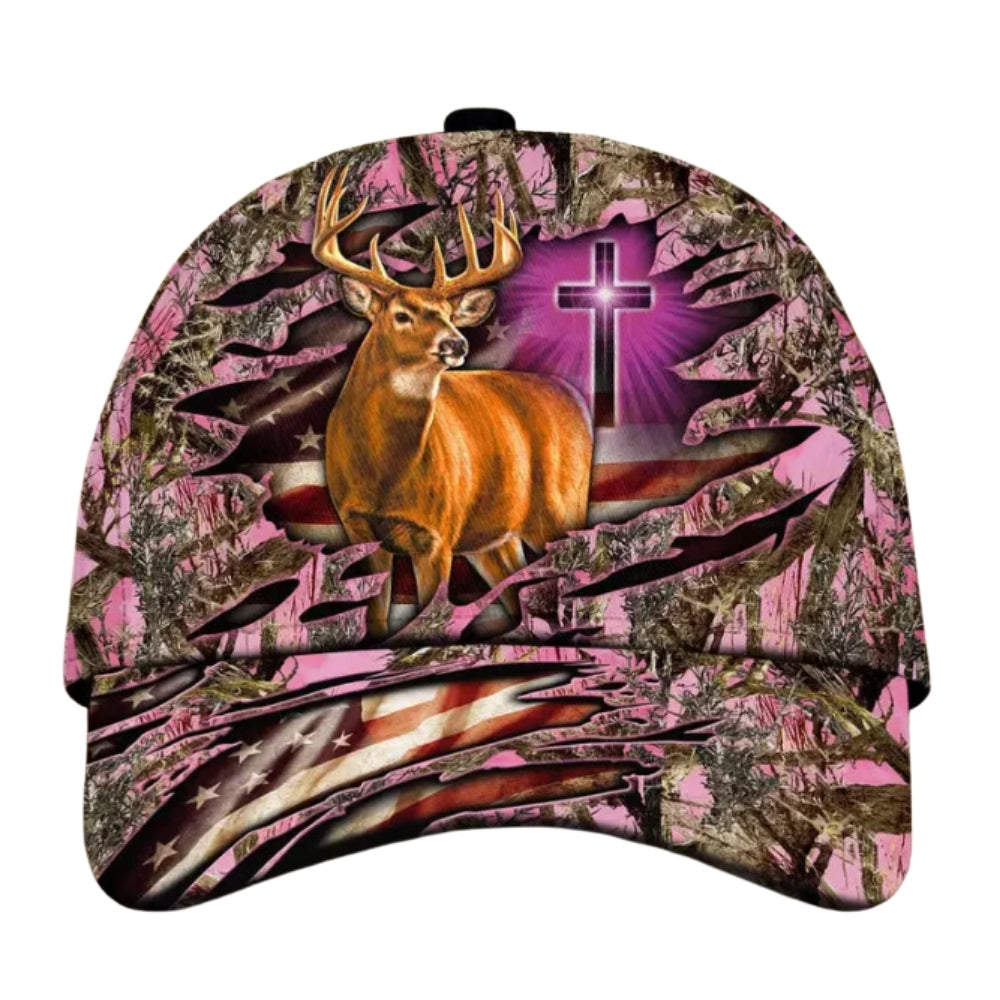 Custom American Cross And Deer White Hunting Cap, Custom Christian Patriotic Deer Hunting Cap CP0342