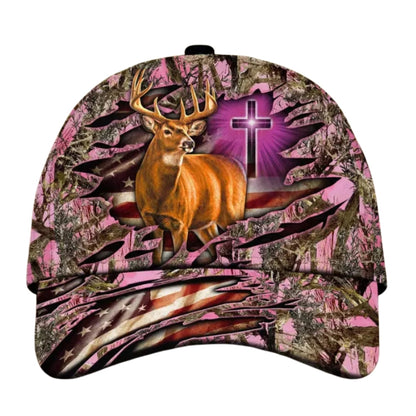 Custom American Cross And Deer White Hunting Cap, Custom Christian Patriotic Deer Hunting Cap CP0342