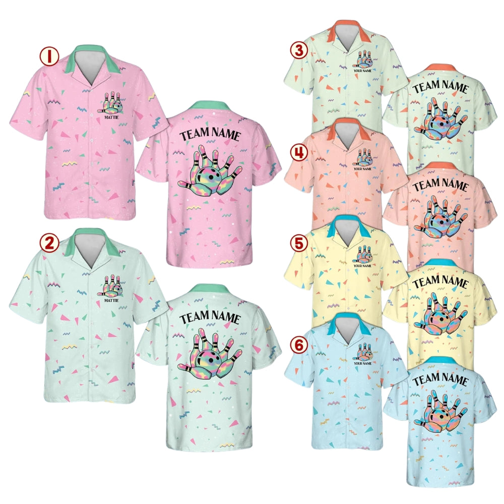 Custom Geometric Retro 80s Pink Bowling Hawaiian Shirt For Men Women, Custom Bowling Team Shirts BE0150