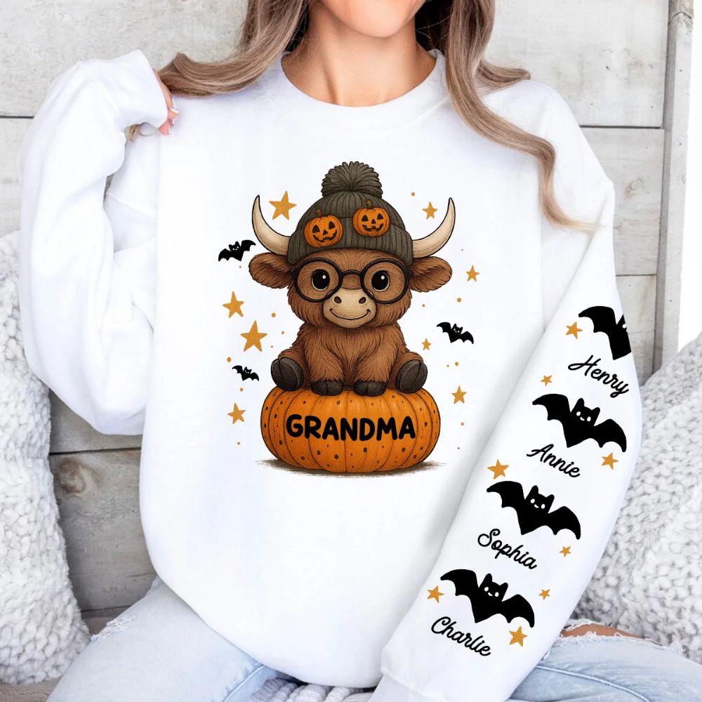 Custom Highland Cow Grandma Pumpkin Sweatshirt For Halloween, Custom Halloween Sweatshirt For Grandmother 2D1022