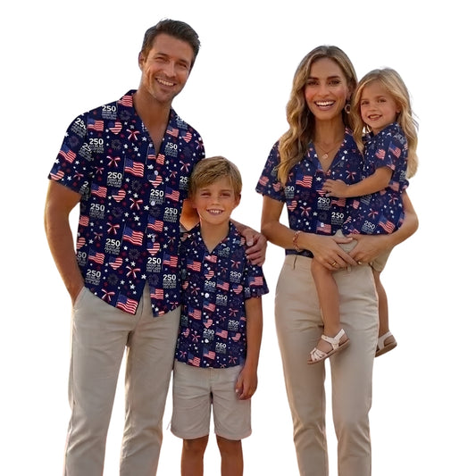250 Years American Flag Navy Matching Family Hawaiian Shirt, Matching Fourth Of July Family Shirts ET0991
