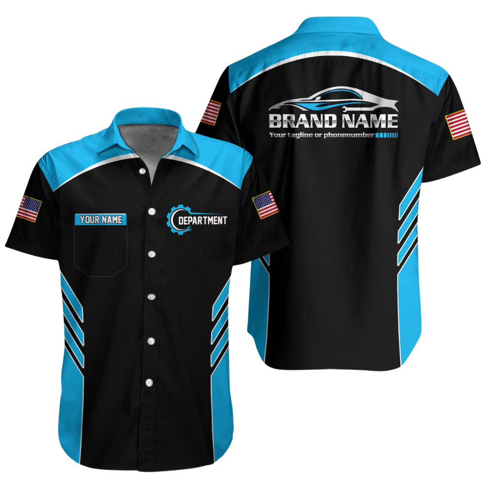 Personalized Racing Team Workwear Button Hawaiian Shirt Men, Custom Mechanic Uniform Shirts For Company HE0379