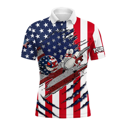 Angry Ball And Scary Pins Custom American Flag Bowling Polo Shirt For Men, Custom Patriotic Bowling Team Shirt BZ0943