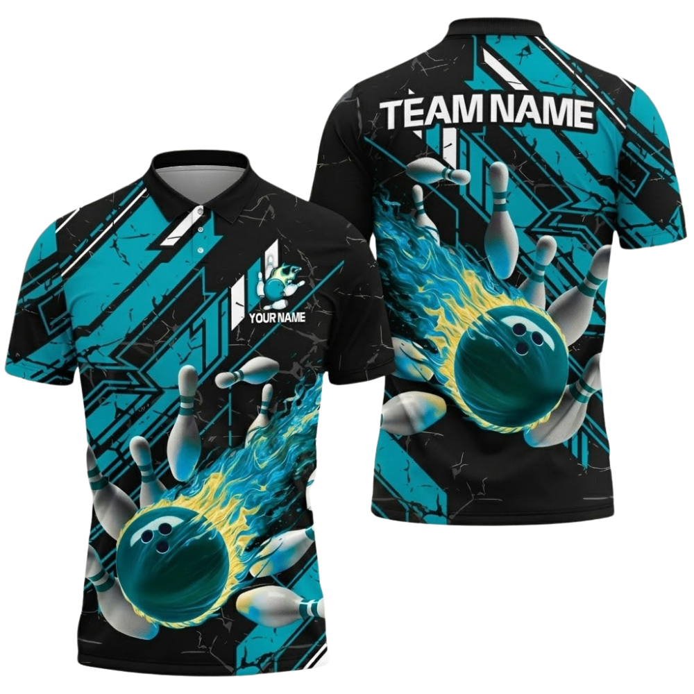 Custom Flaming Ball Bowling Polo Mens Shirt Red Black, Custom Flame Bowling Team Shirts BZ0691