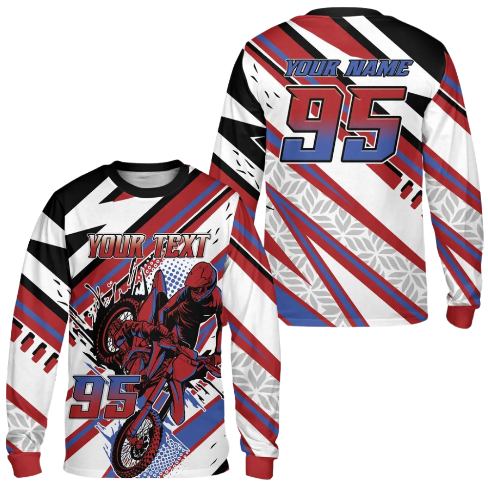 Custom Red And White Motocross Jersey Long Sleeve For Men, Custom Dirt Bike Jerseys MZ0106