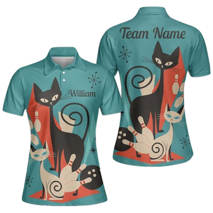 Women's Custom Vintage Cat Bowling Polo Shirt Cyan, Custom Cat Bowling Team Shirt For Ladies BZ0774