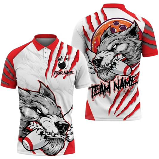 Custom Wolf Red And White Bowling Polo Shirt For Men, Custom Wolf Bowling Shirt For Team BZ0656