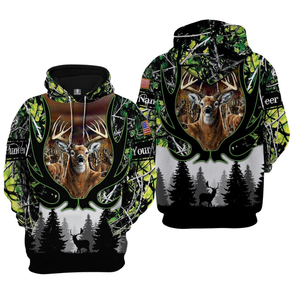 Deer Hunting Personalized Green Camo 3D Hoodie, Custom Deer Hunter Hoodies 2D1273
