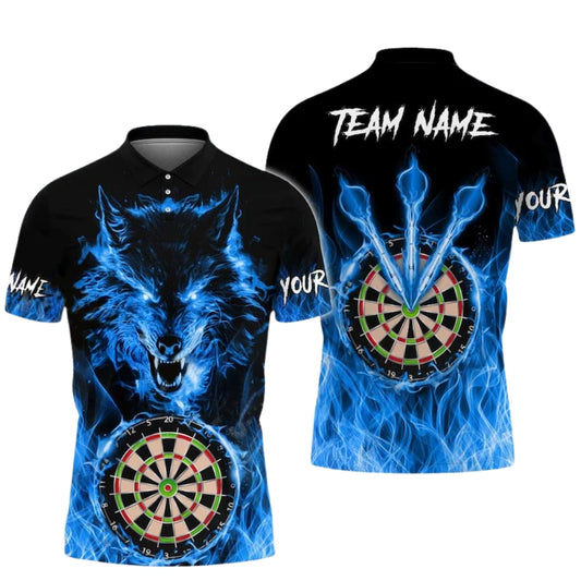 Custom Blue Flame Wolf Darts Polo Shirt For Men, Custom Wolf Darts Team Shirts DE0011