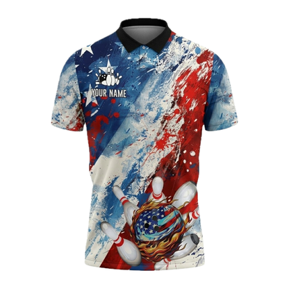 Custom American Flag Watercolor Bowling Polo Shirt For Men, Custom Patriot Bowling Team Shirt BZ0741
