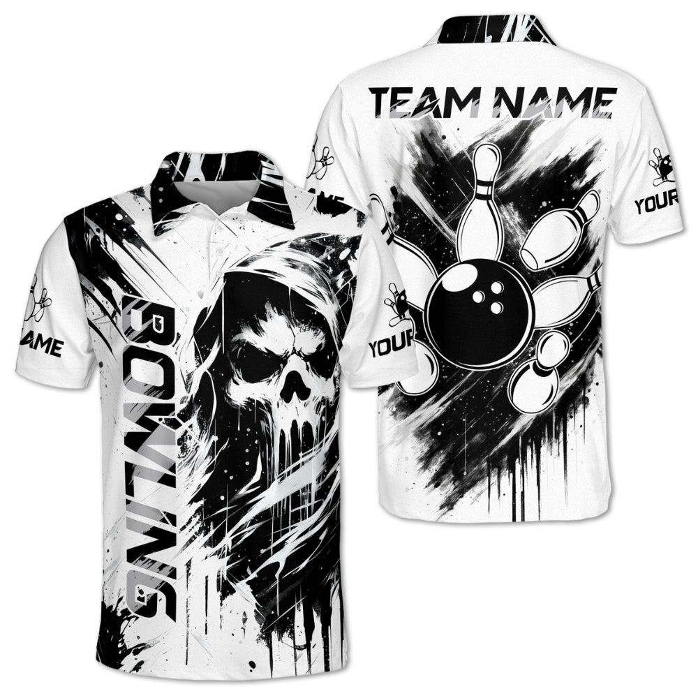Custom Skull Black White Bowling Polo Shirt Men, Custom Team Skull Bowling Shirts BM0344