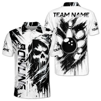 Custom Skull Black White Bowling Polo Shirt Men, Custom Team Skull Bowling Shirts BM0344