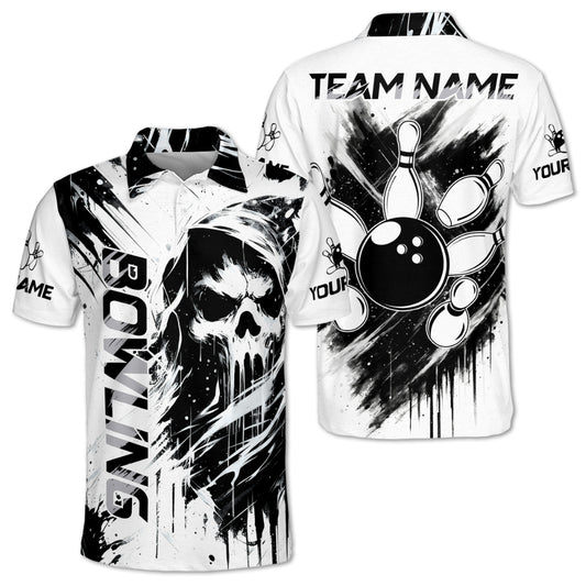 Custom Skull Black White Bowling Polo Shirt Men, Custom Team Skull Bowling Shirts BM0344
