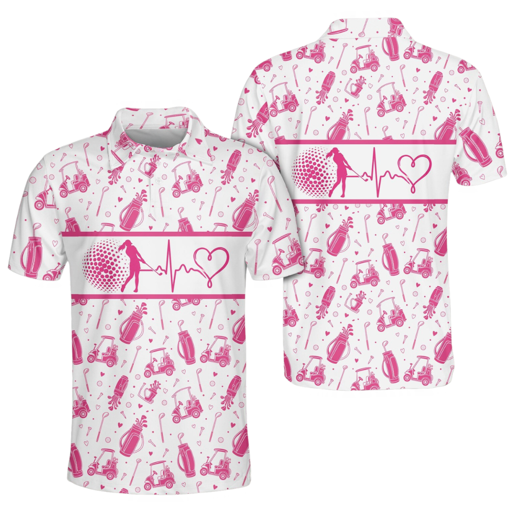 Heartbeat Pink Golf Pattern Mens Golf Polo Shirt, Golf Polo Shirt For Men GE0603