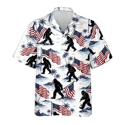Tropical Bigfoot American Flag Hawaiian Shirt Mens, Sasquatch Patriotic Hawaiian Shirts HE0582