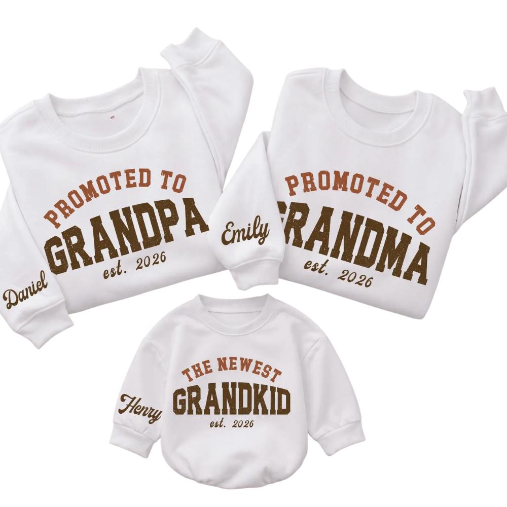 Promoted To Grandpa Grandma Personalized Baby Announcement Matching Sweatshirt, Custom Baby Reveal Sweatshirt For Grandparents ET1417