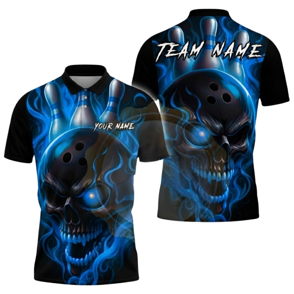 Custom Skull Pink Flame Bowling Polo Shirt For Men, Custom Skull Bowling Team Shirts BZ0613