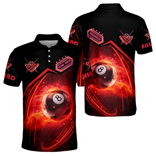 Custom Red Flame 8 Ball Billiard Men Polo Shirts, Custom Flame Pool Billiard Shirts BIZ0157