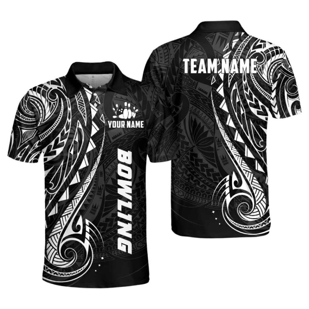 Custom Tribal Black And Blue Men's Bowling Polo Shirts, Custom Tribal Team Bowling Shirts BZ1051