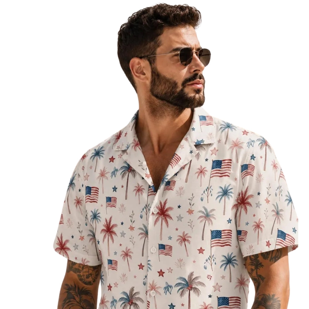 American Flag Palm Tree Hawaiian Shirt For Men Women, Patriotic Tropical Hawaiian Shirt HE0405