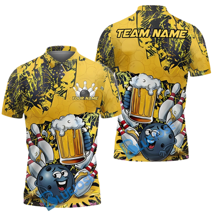 Custom Funny Ball And Beer Bowling Polo Shirt For Men, Custom Beer Bowling Team Shirts BZ0549