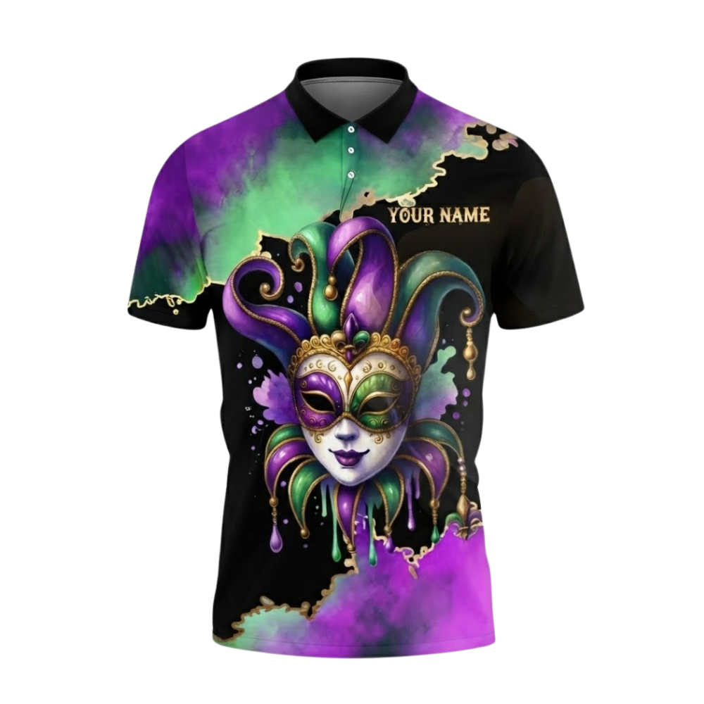 Custom Mardi Gras Mask Men's Bowling Polo Shirt, Custom Mardi Gras Bowling Team Shirt BZ0643
