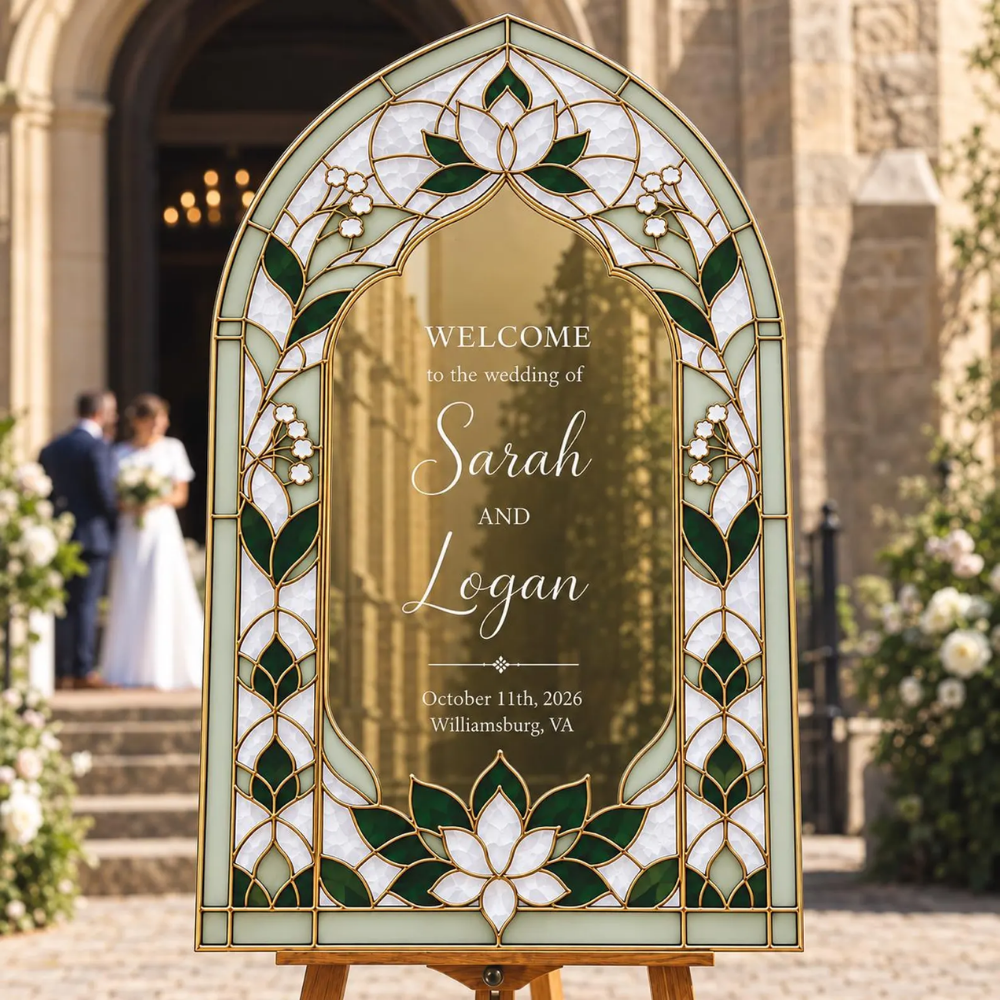 Custom White And Emerald Green Flower Stained Glass Wedding Acrylic Mirror Welcome Sign, Custom Floral Stained Glass Sign For Wedding WD0729