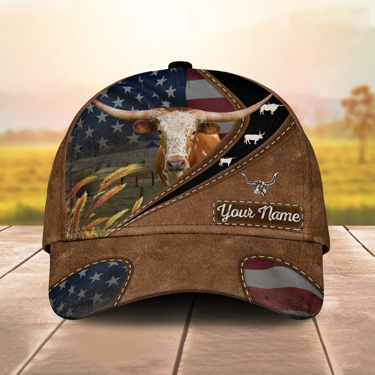 Texas Longhorn Leather Pattern American Customized Name Cap CA0089