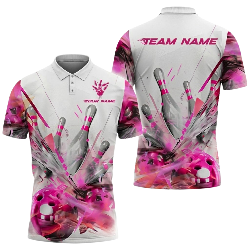 White And Pink Custom Break Ball Bowling Polo Shirt For Men, Custom Bowling Team Shirts BZ0761