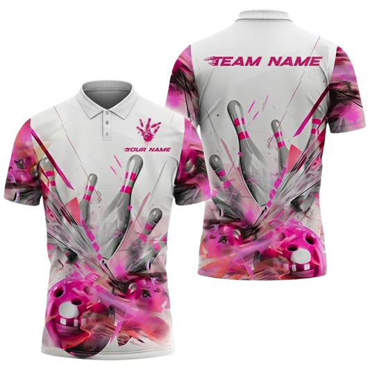 White And Pink Custom Break Ball Bowling Polo Shirt For Men, Custom Bowling Team Shirts BZ0761