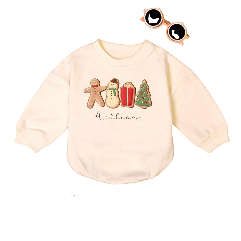 Custom Name Gingerbread Snowman Christmas Tree Baby Romper Sweater, Custom Christmas Baby Romper Sweatshirt BB0206