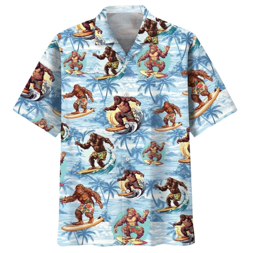 Bigfoot Surfing Beach Hawaiian Shirt Mens, Tropical Bigfoot Hawaiian Shirts HE0159