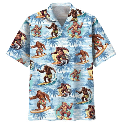Bigfoot Surfing Beach Hawaiian Shirt Mens, Tropical Bigfoot Hawaiian Shirts HE0159